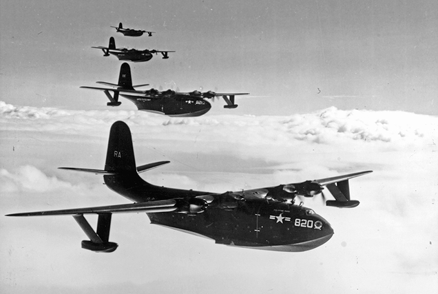 The Philippine Mars, Marianas Mars, Hawaii Mars and Caroline Mars of US Navy transport squadron VR-2 in flight circa 1947. (US Navy)